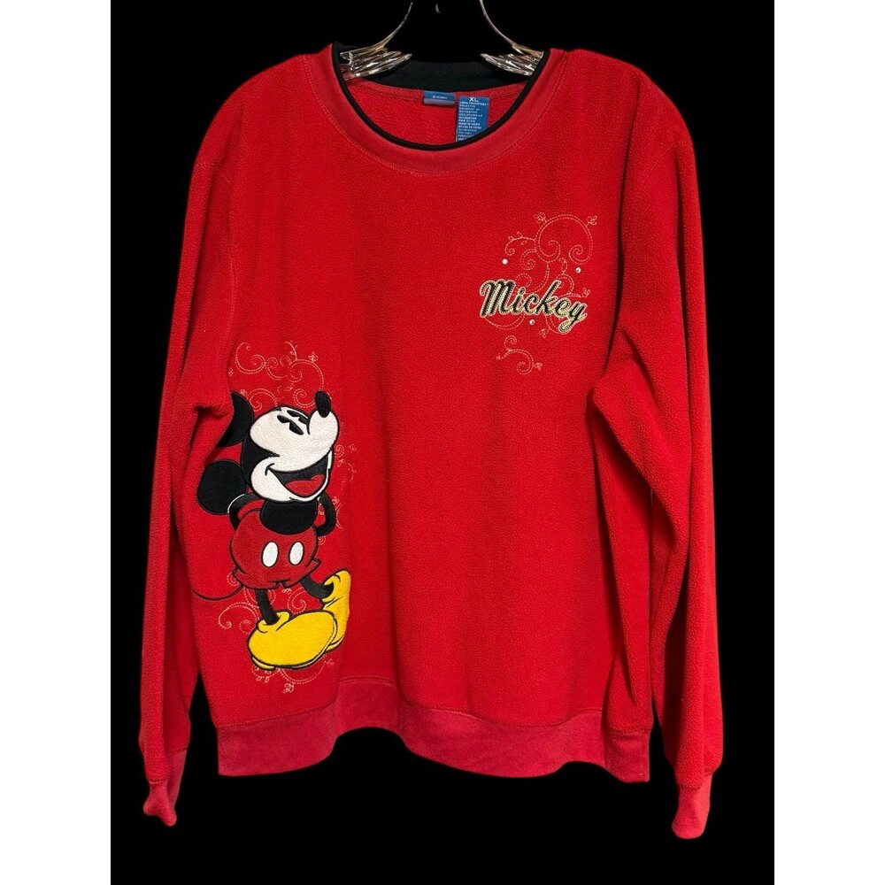 Disney Mickey Mouse Red Fleece Pullover Sweatshirt XL Cozy Embroidered Vintage
